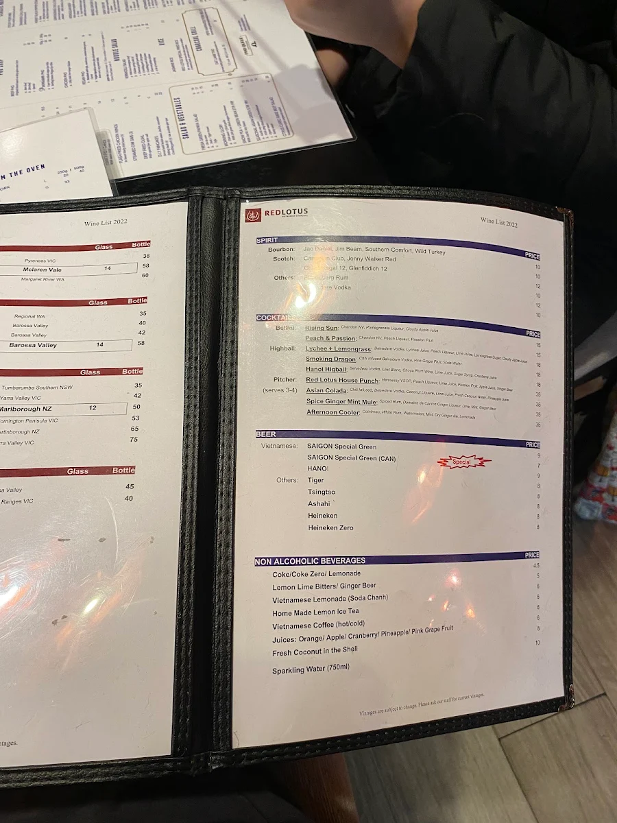 Menu, Red Lotus Vietnamese Chargrill