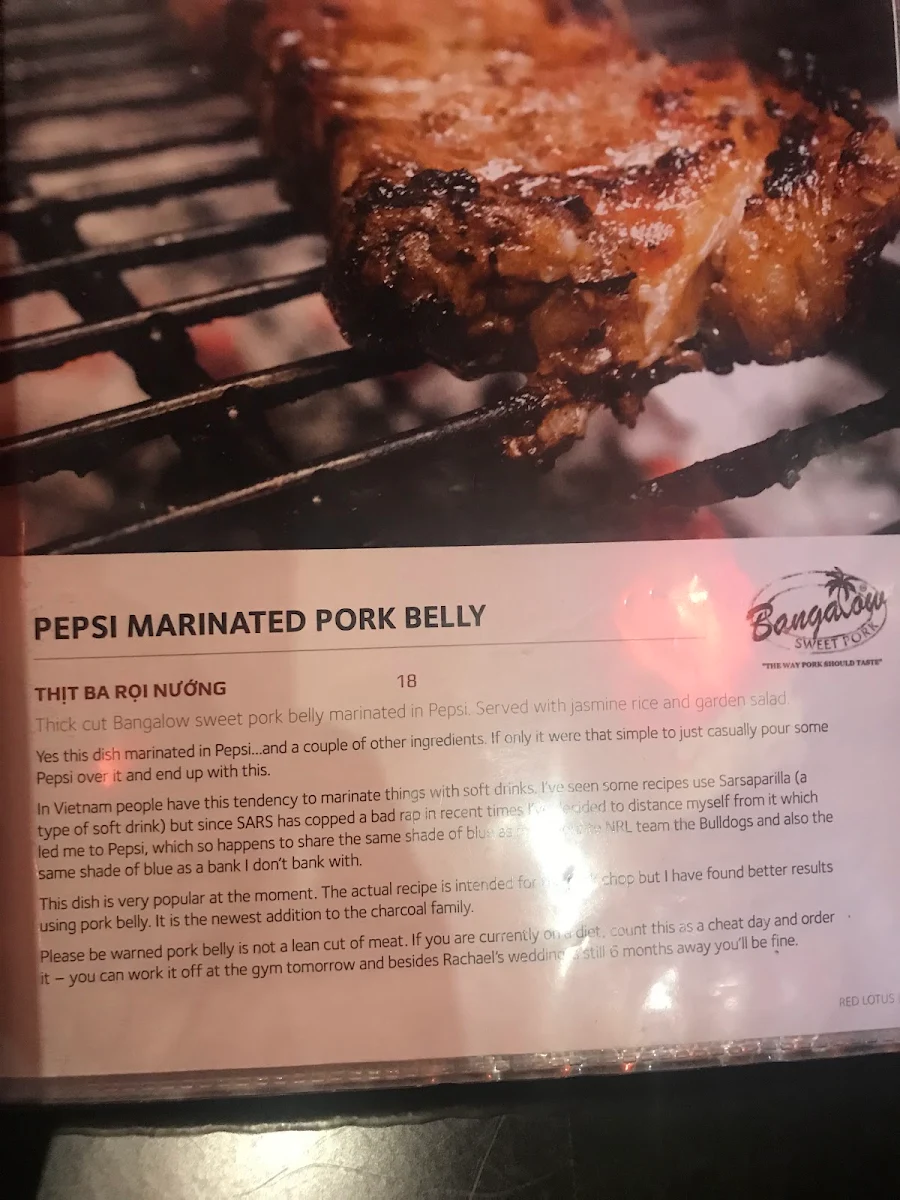 Menu, Red Lotus Vietnamese Chargrill