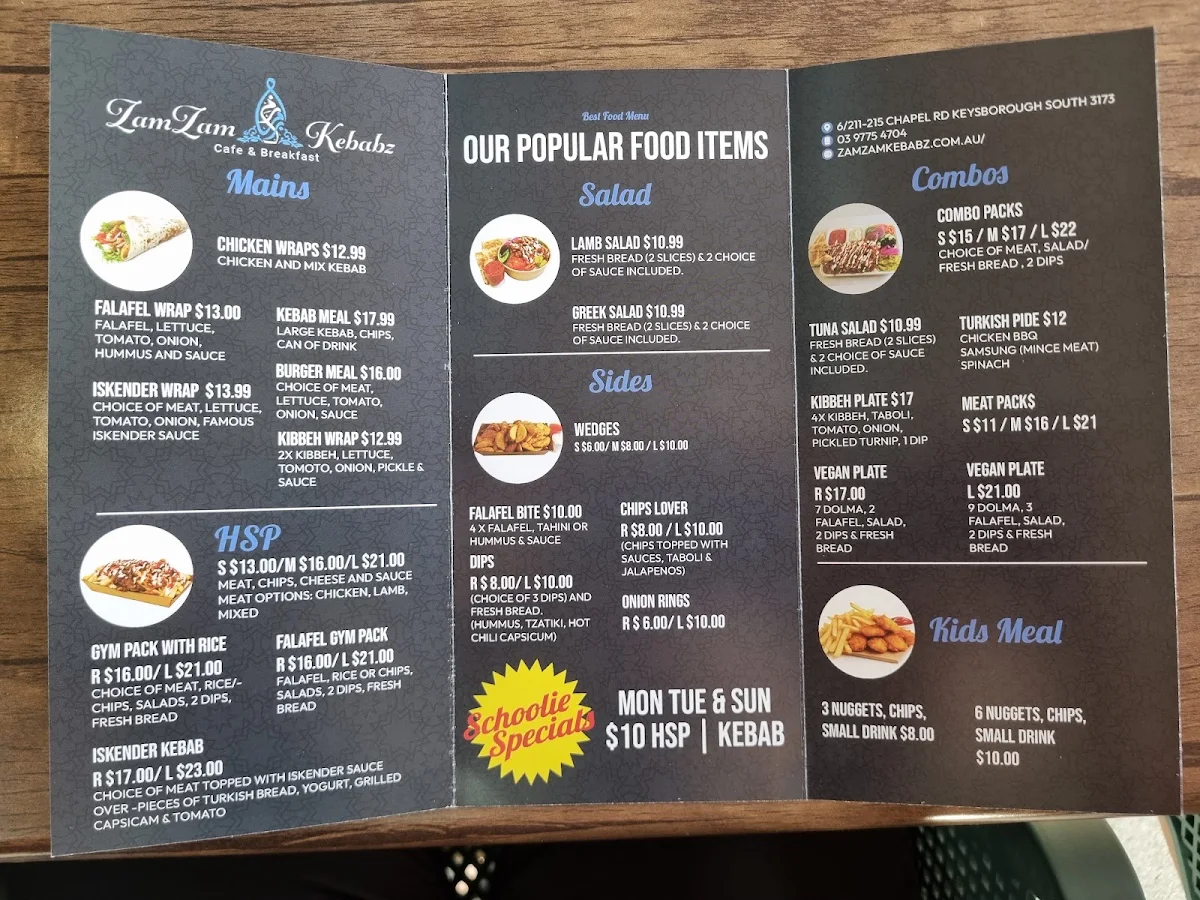 Menu, ZamZam Kebabz
