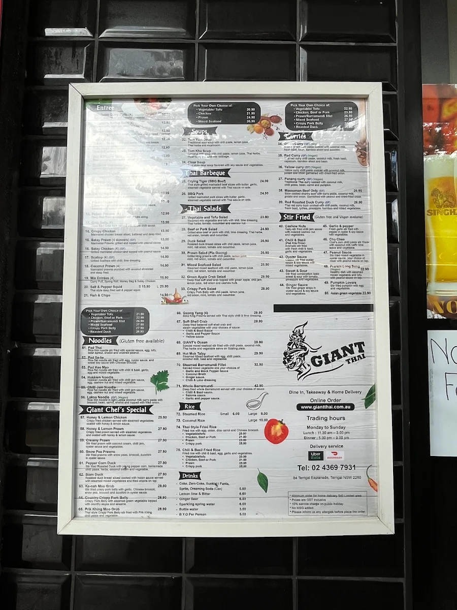 Menu, Giant Thai Restaurant