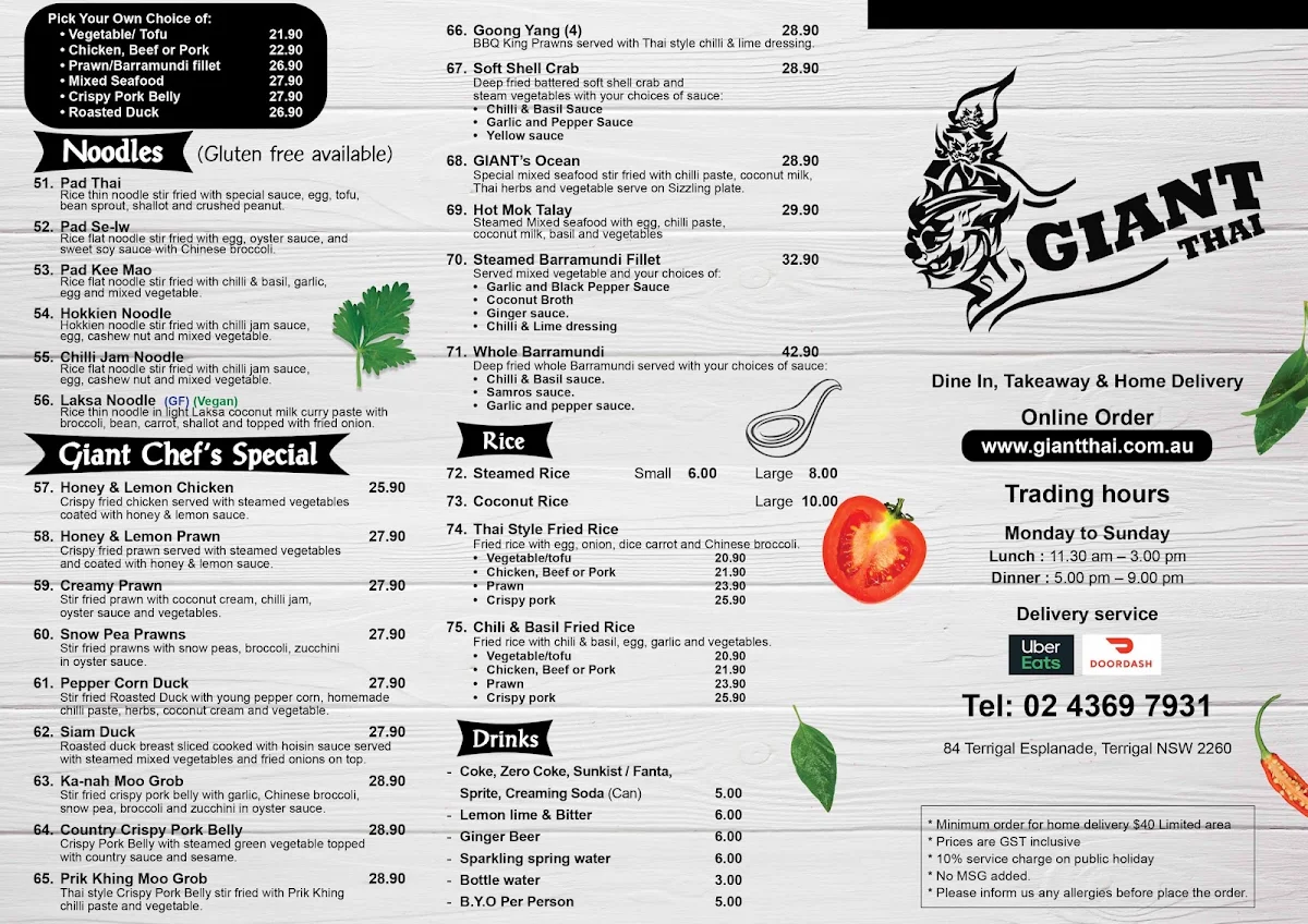 Menu, Giant Thai Restaurant