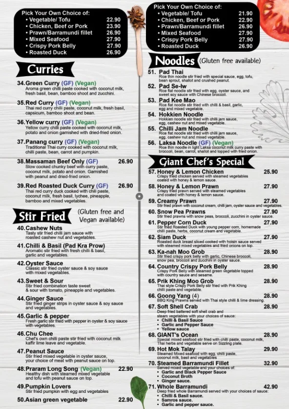 Menu, Giant Thai Restaurant