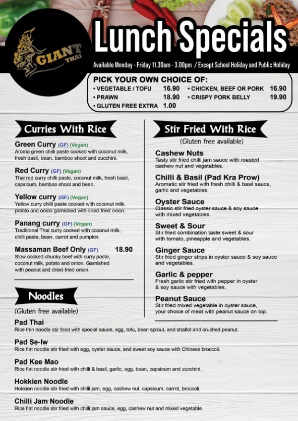 Menu, Giant Thai Restaurant