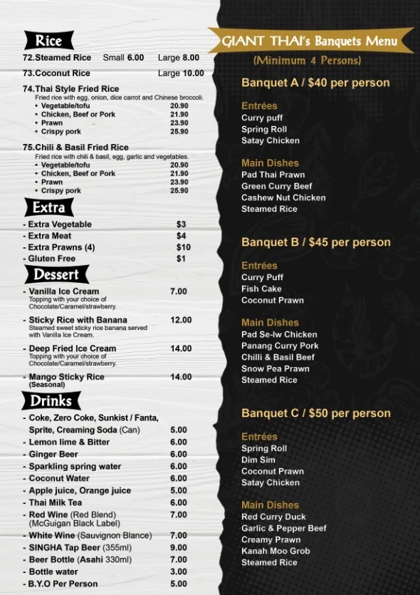 Menu, Giant Thai Restaurant
