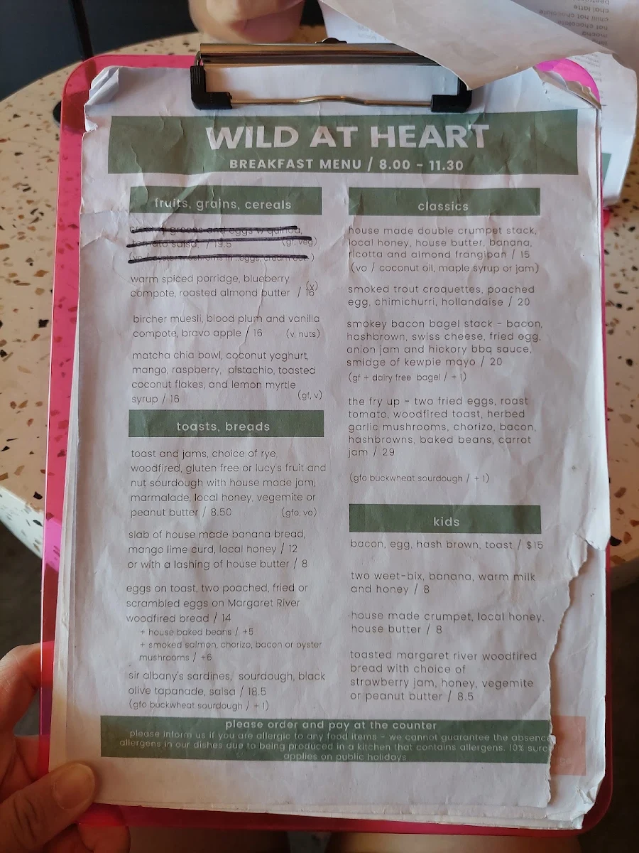 Menu, Wild at Heart Café