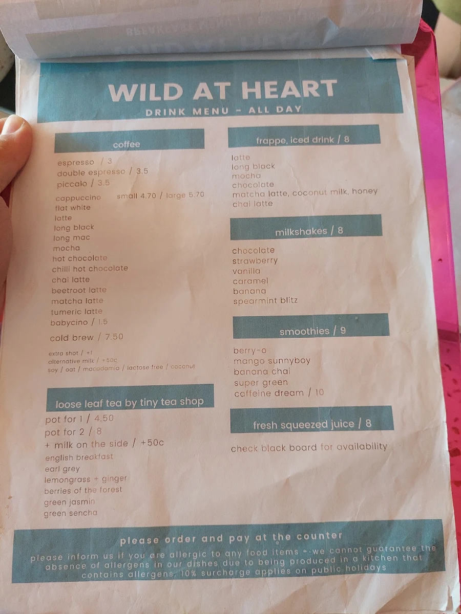 Menu, Wild at Heart Café
