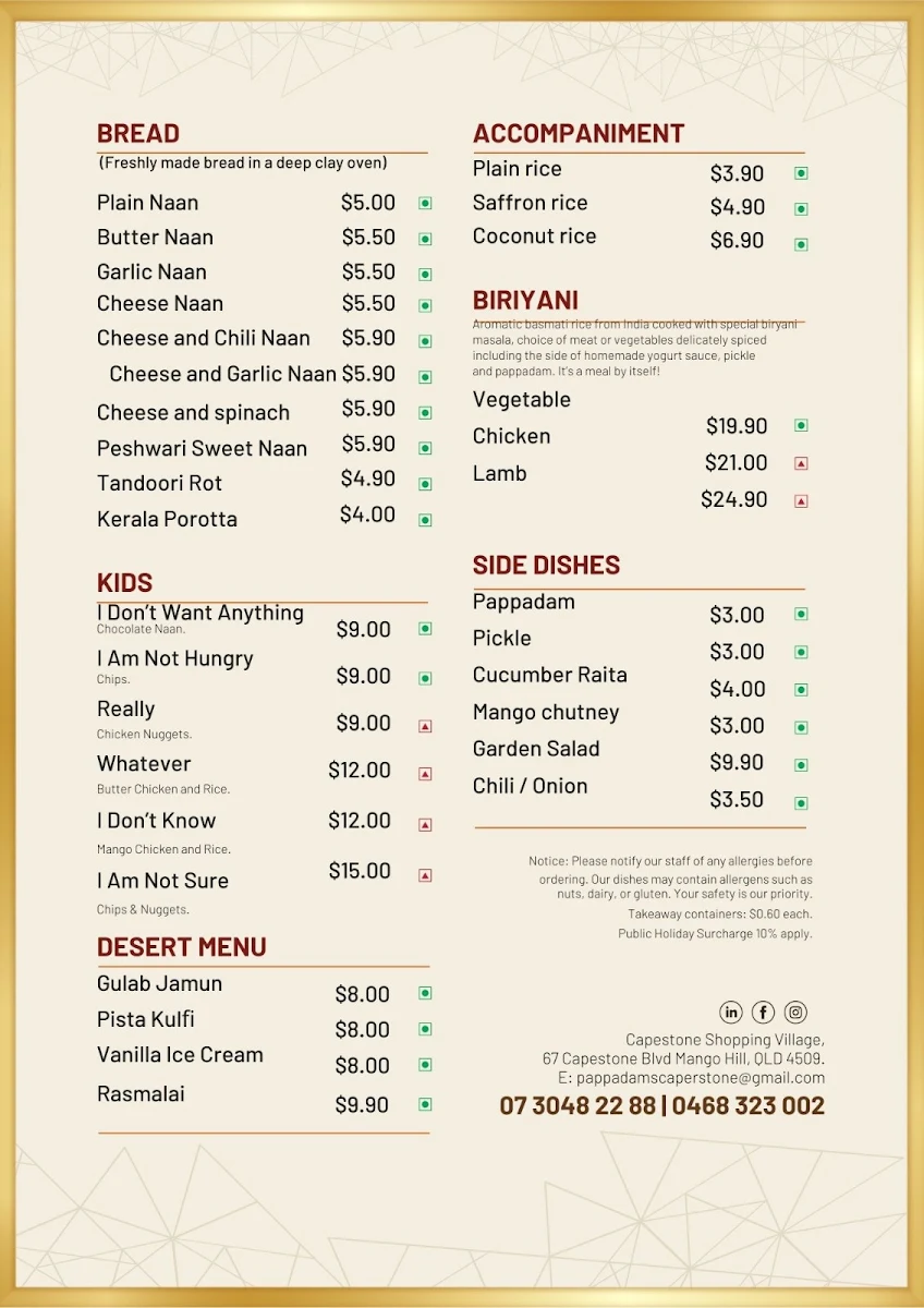 Menu, Pappadams Indian Bistro
