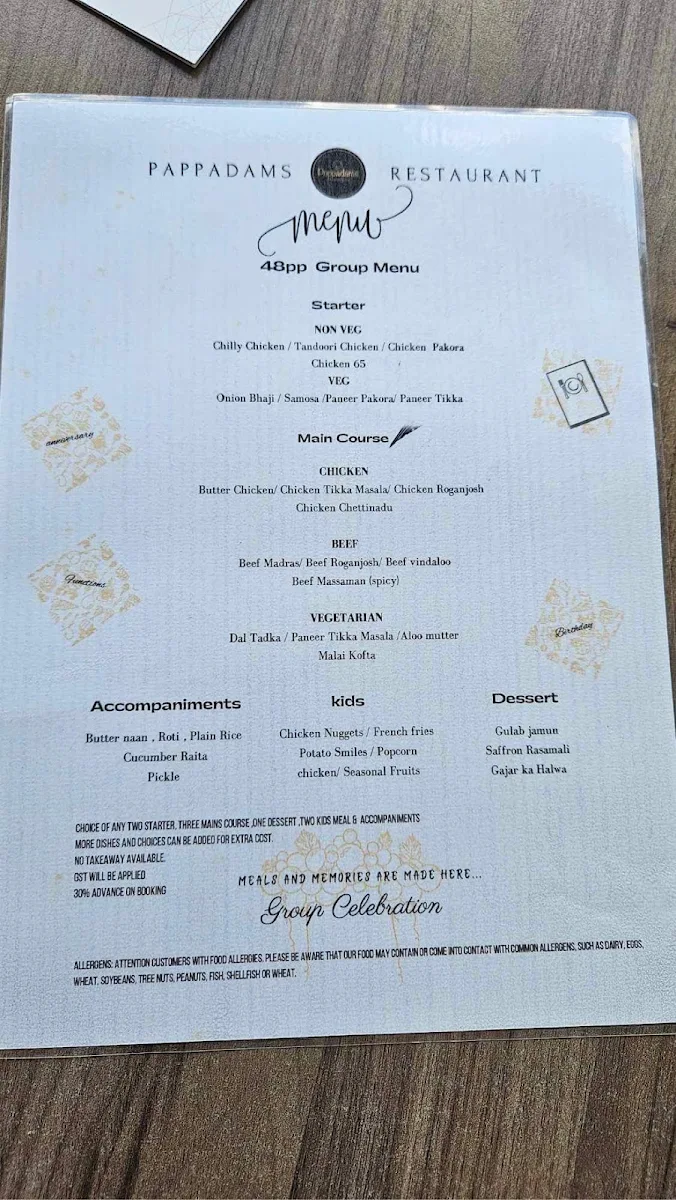 Menu, Pappadams Indian Bistro