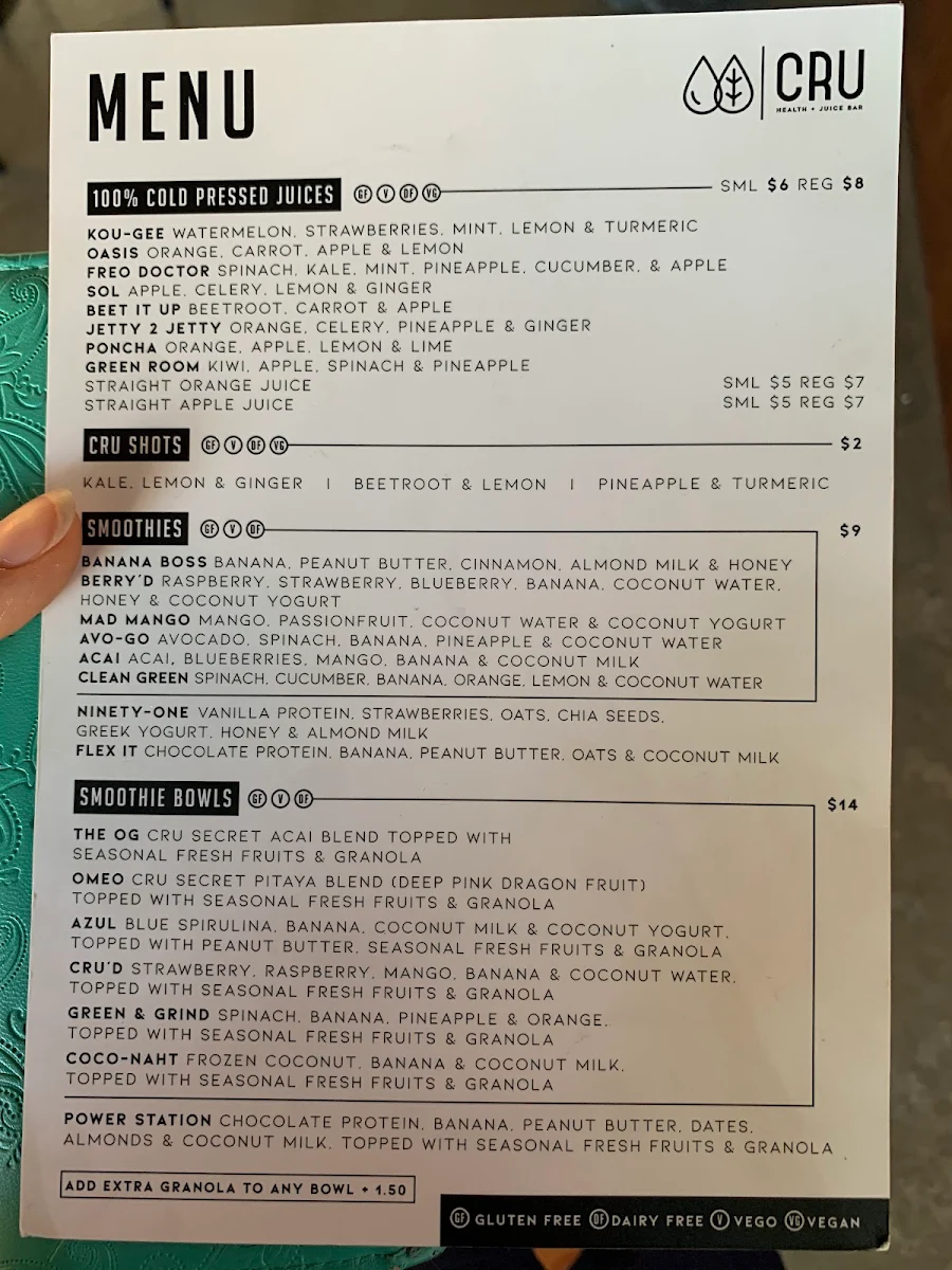 Menu, CRU Health + Juice Bar