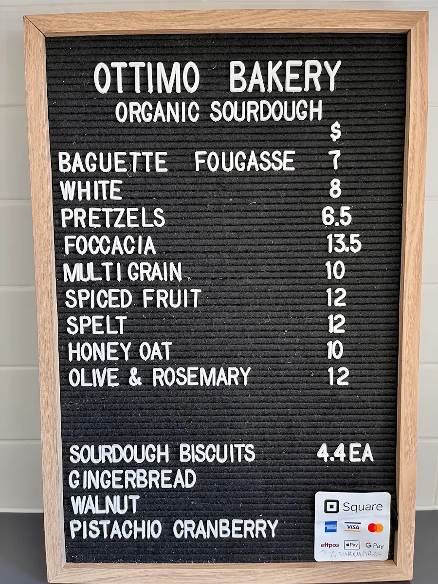 Menu, Ottimo Bakery Pty Ltd