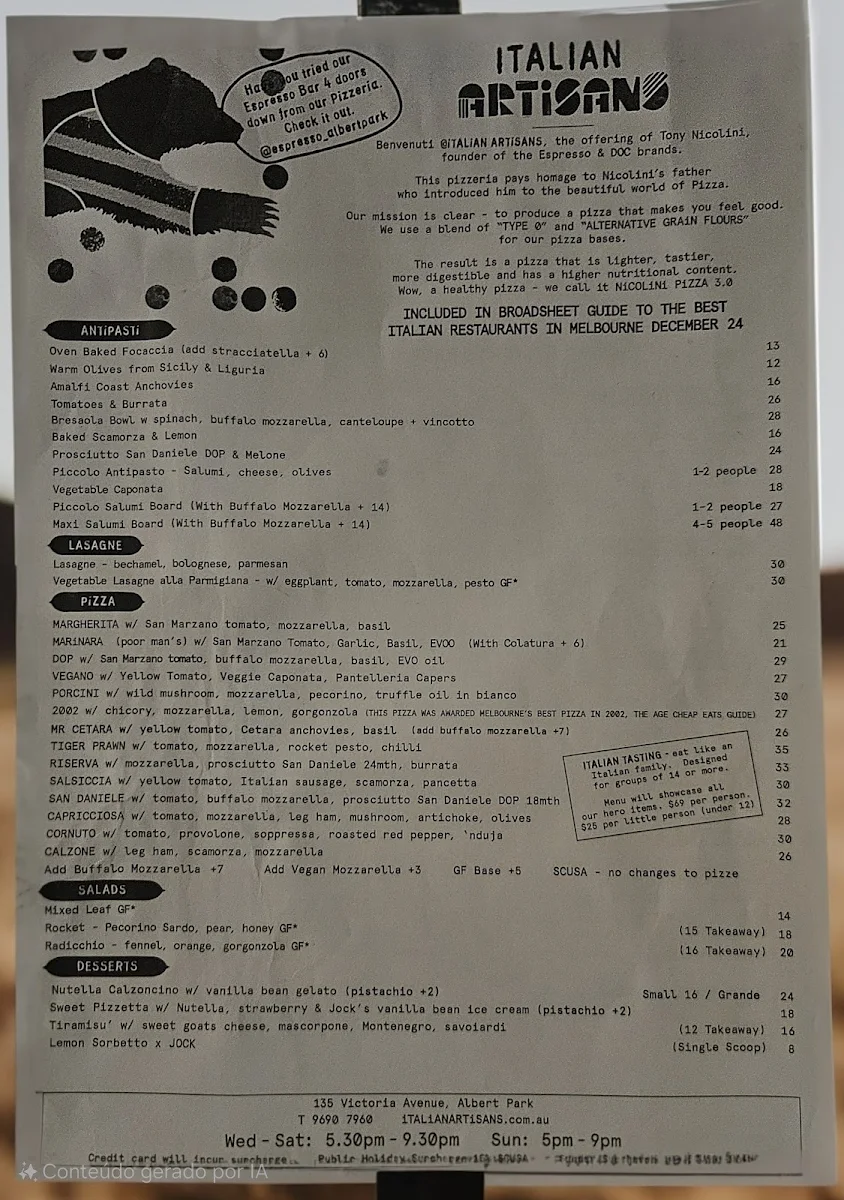 Menu, iTALiAN ARTiSANS