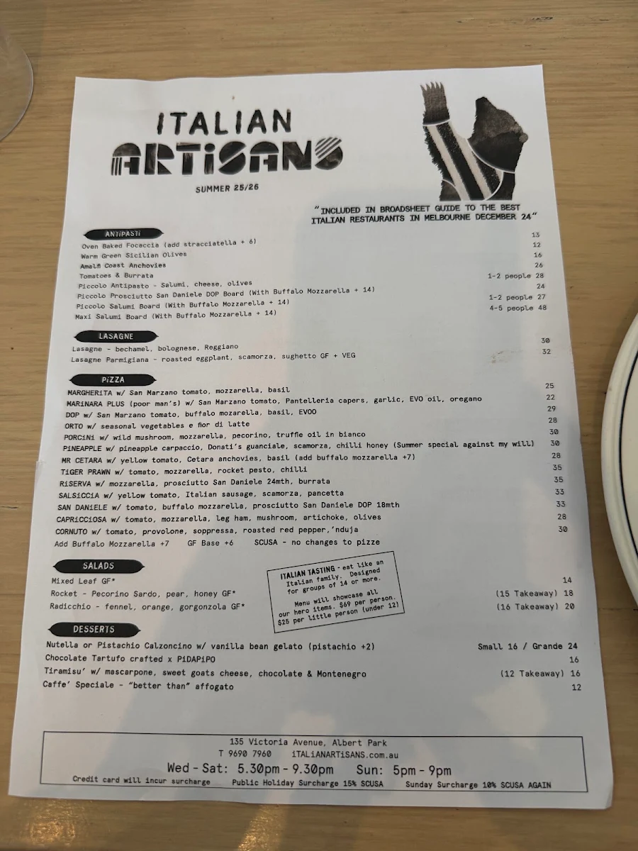 Menu, iTALiAN ARTiSANS