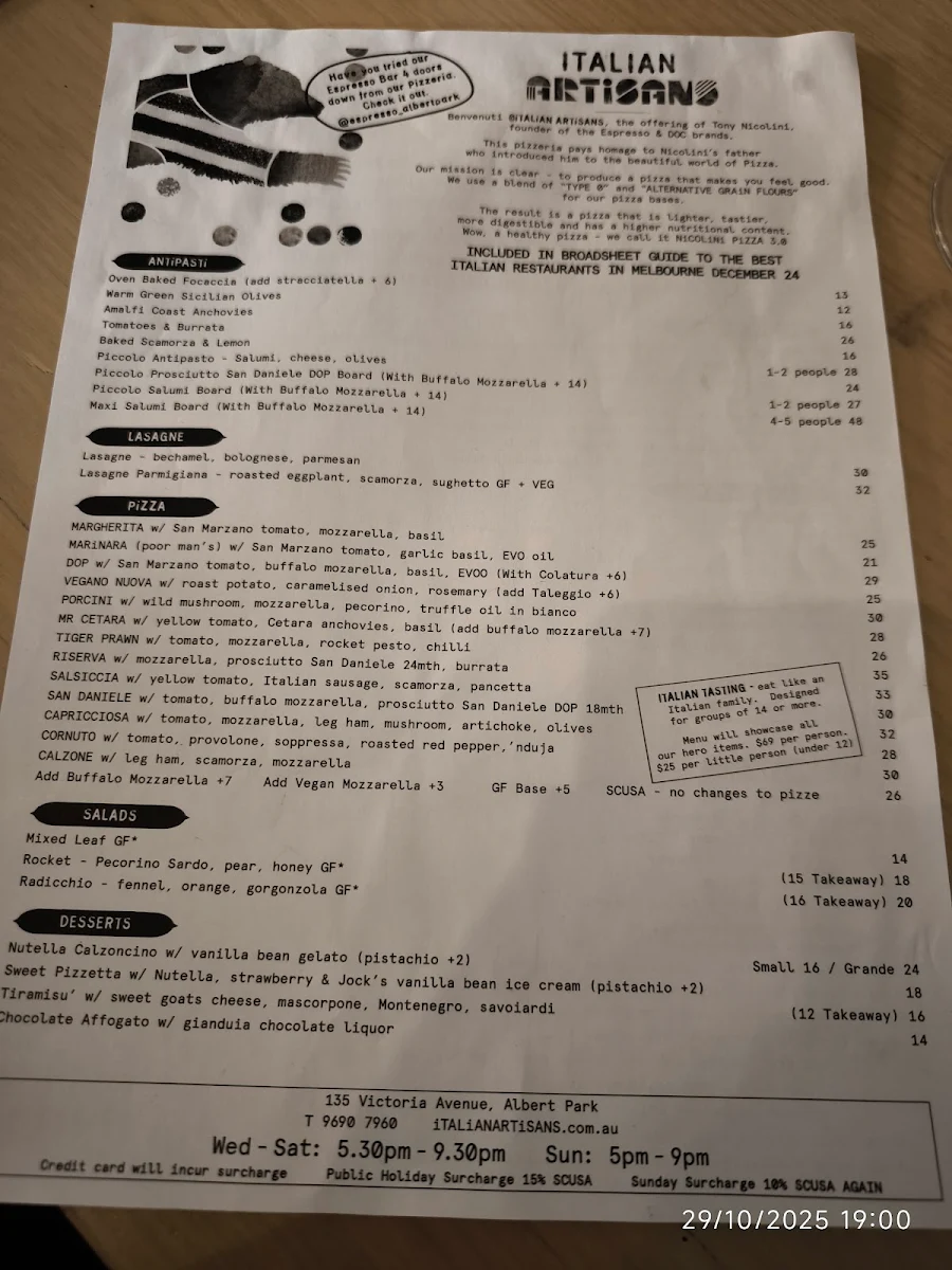 Menu, iTALiAN ARTiSANS