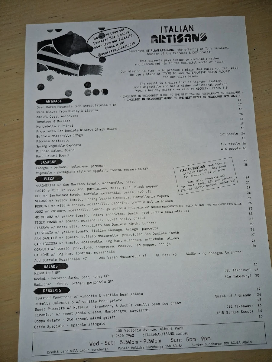 Menu, iTALiAN ARTiSANS