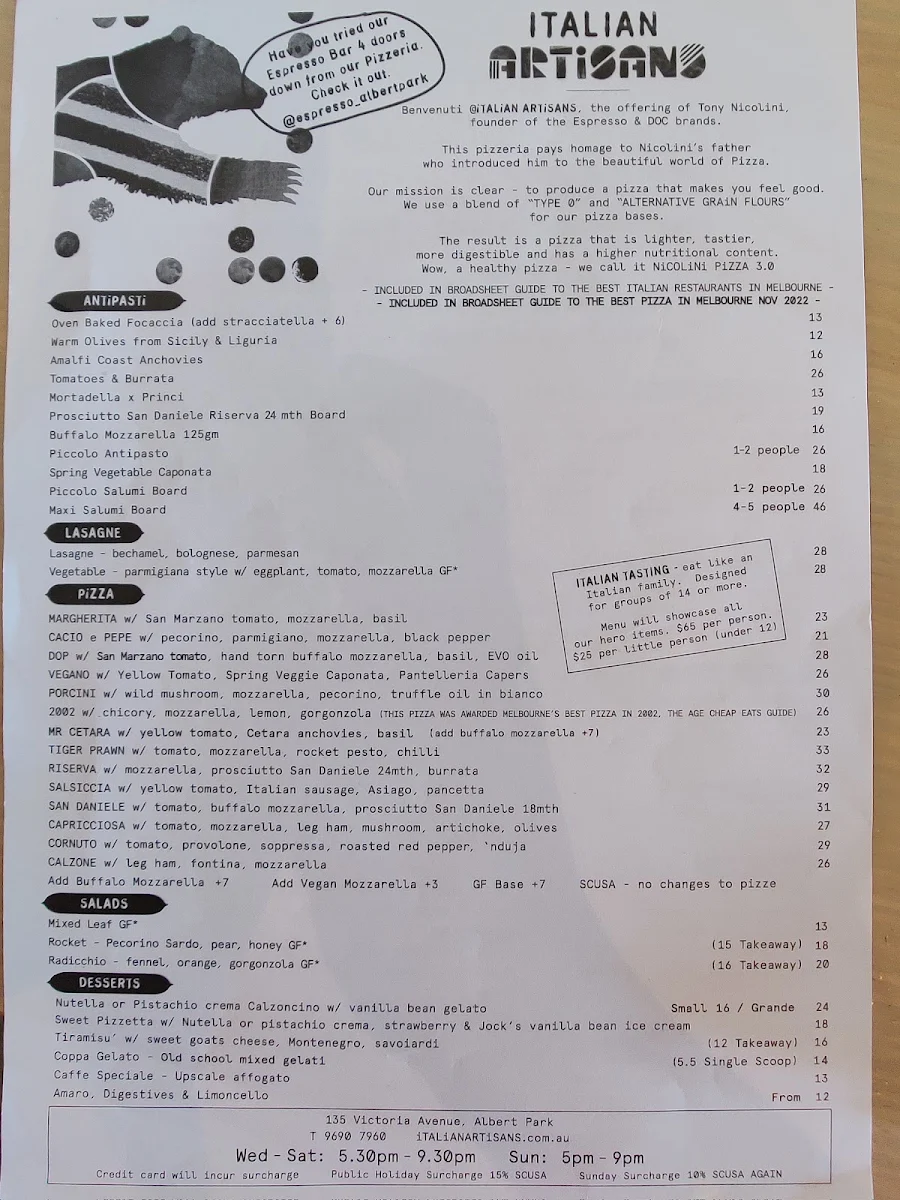 Menu, iTALiAN ARTiSANS