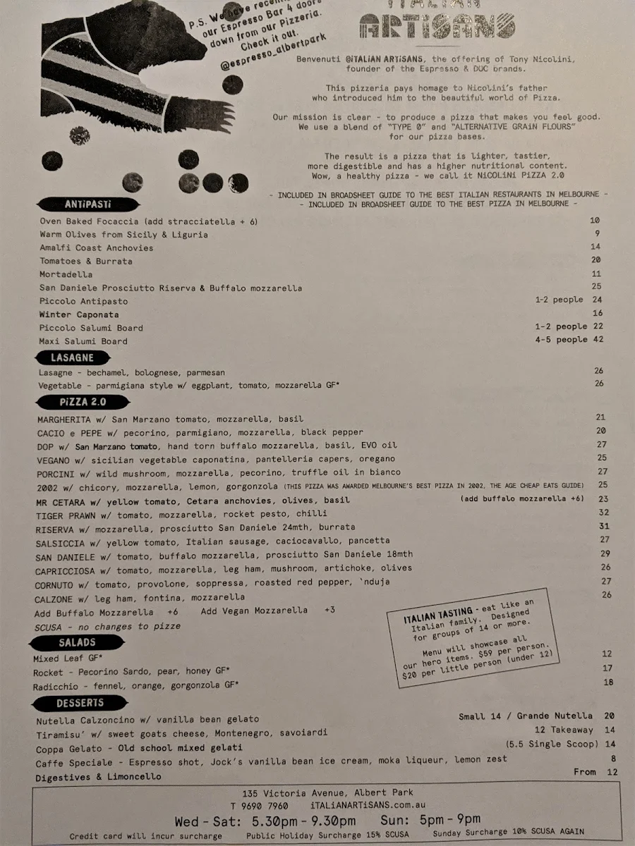 Menu, iTALiAN ARTiSANS
