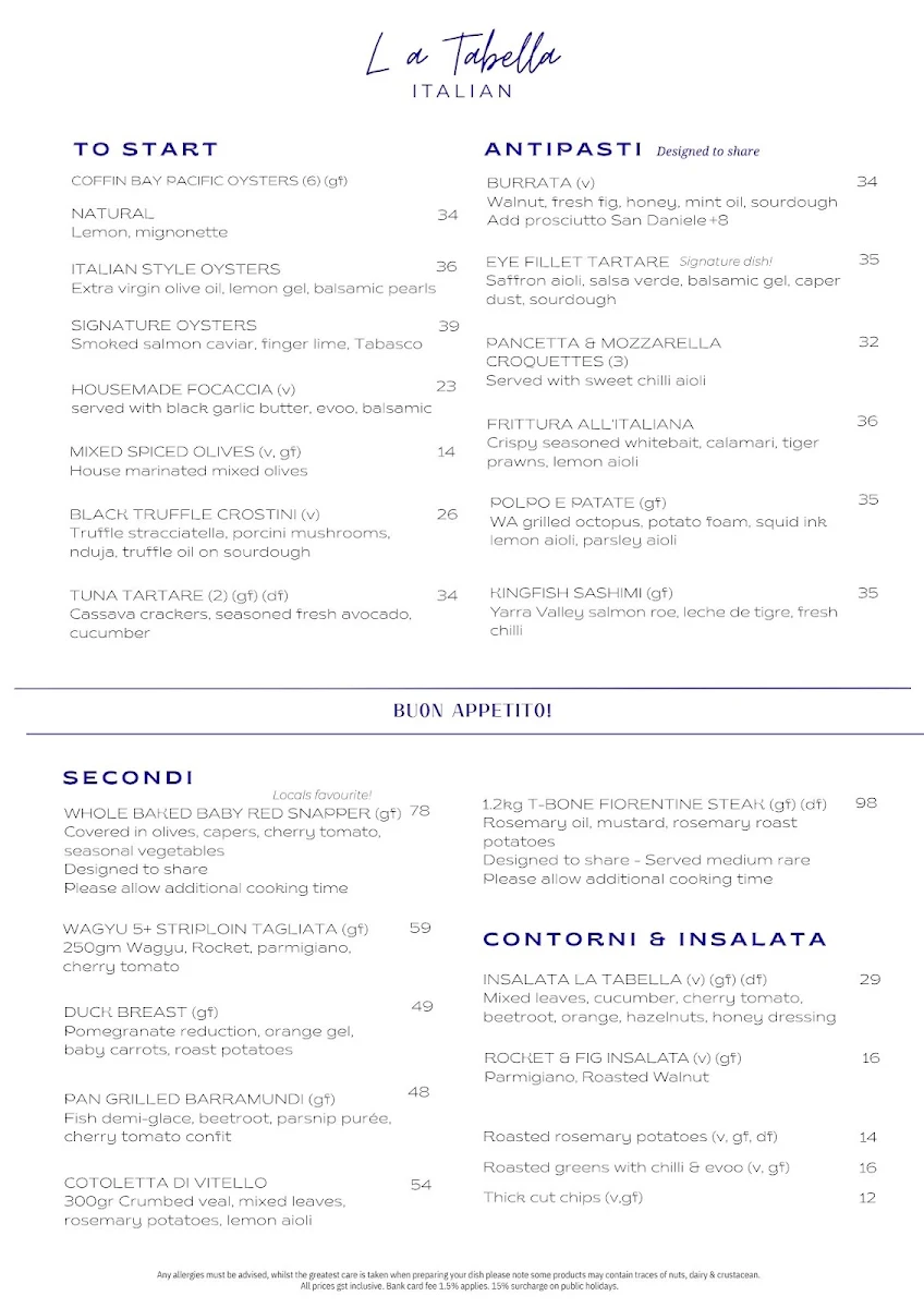 Menu, La Tabella Italian