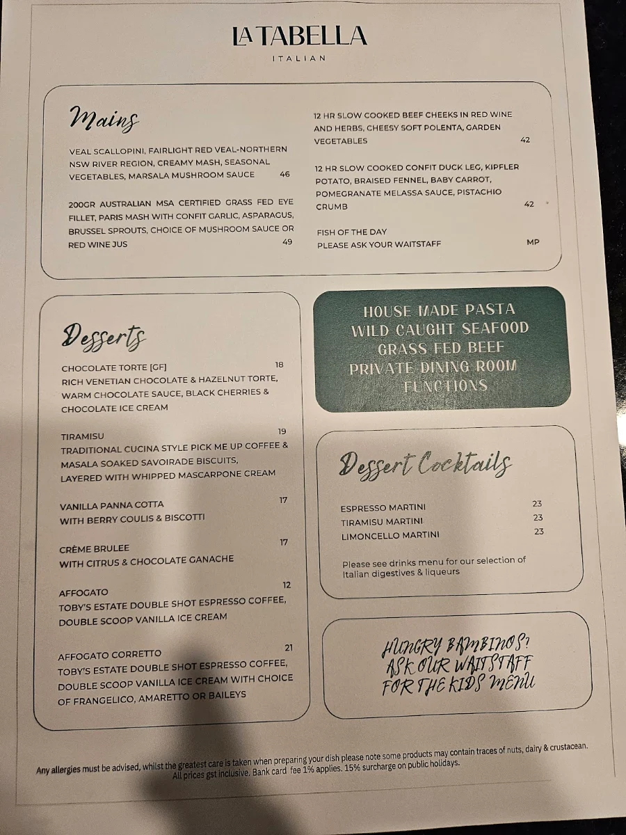 Menu, La Tabella Italian
