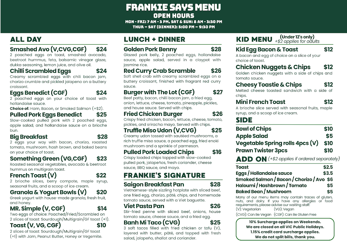 Menu, Frankie Says