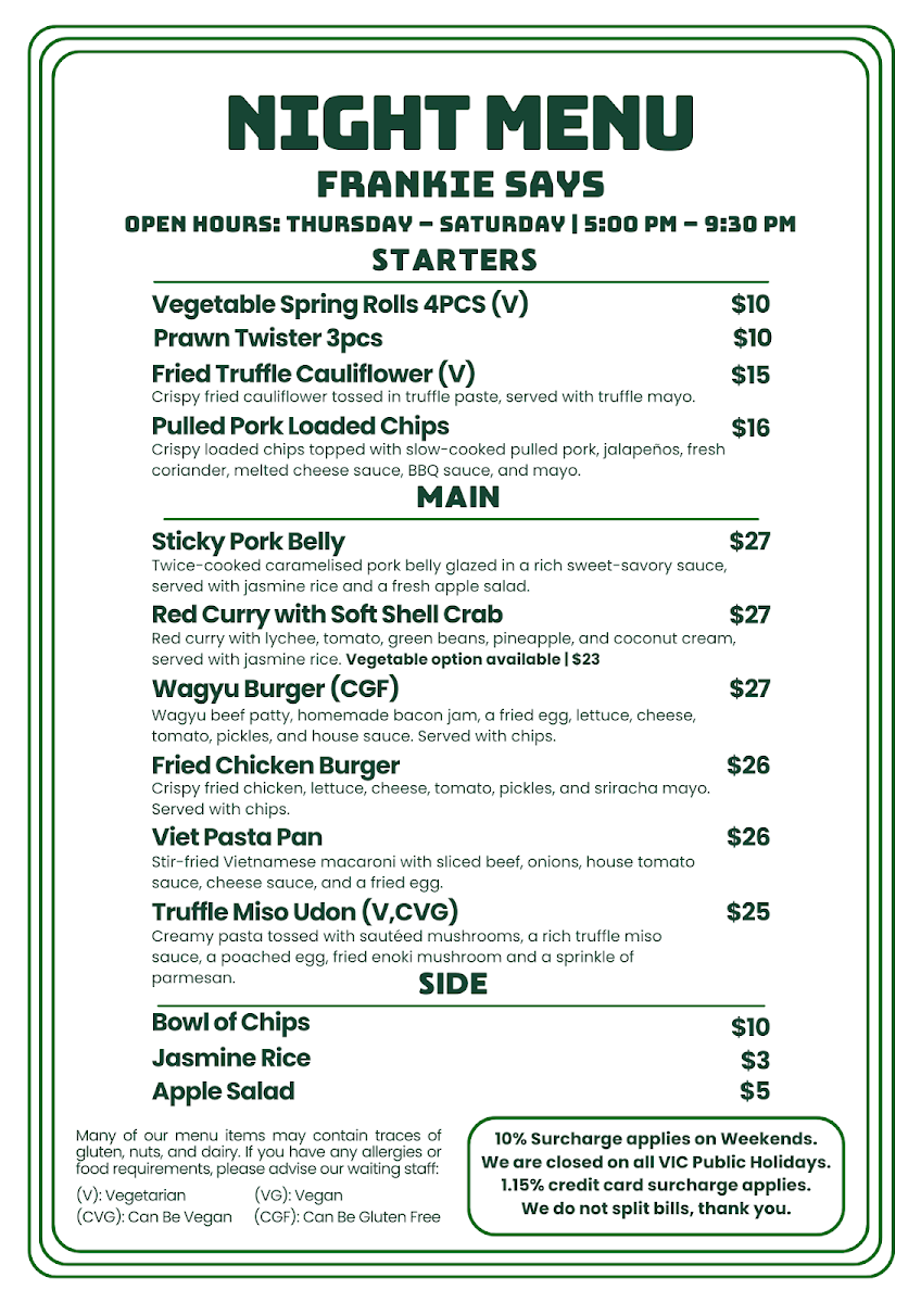 Menu, Frankie Says