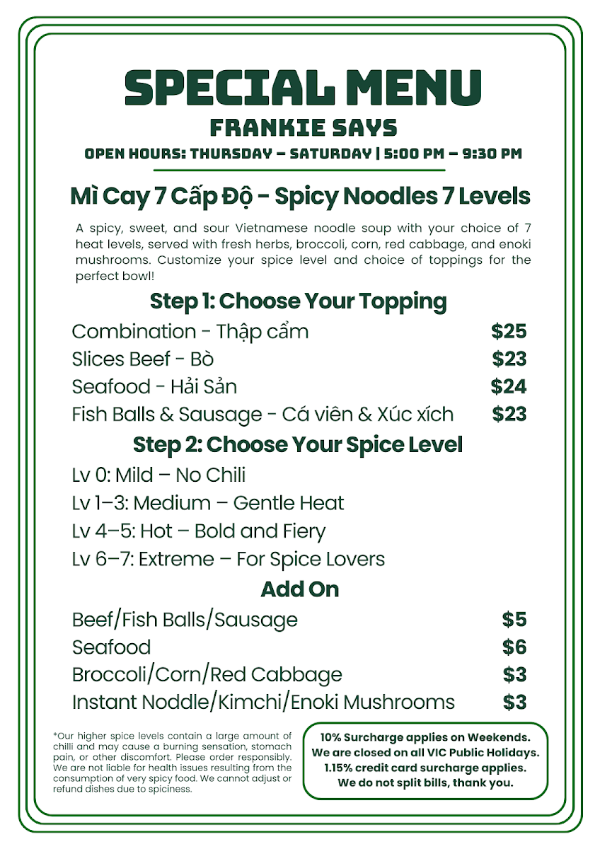 Menu, Frankie Says