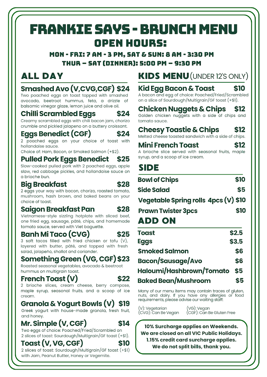 Menu, Frankie Says