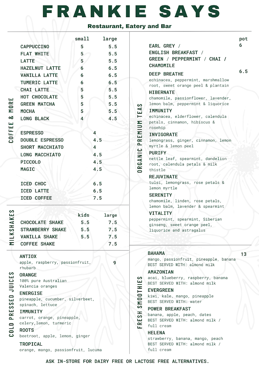 Menu, Frankie Says