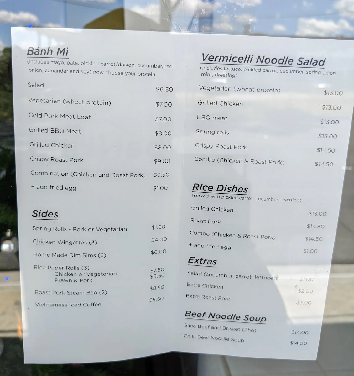Menu, baNHmi on bell