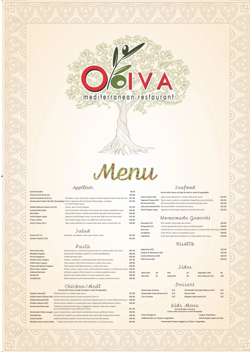Menu, Oliva Mediterranean Restaurant