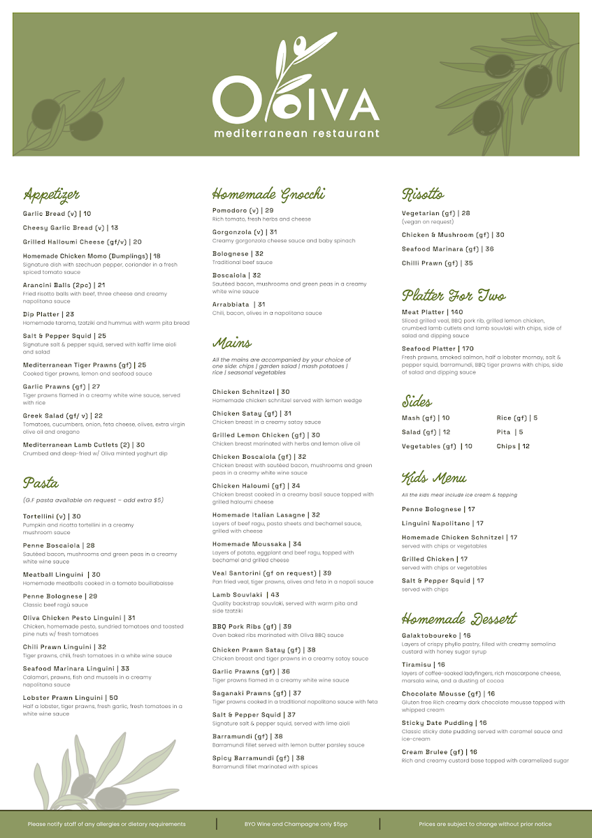 Menu, Oliva Mediterranean Restaurant