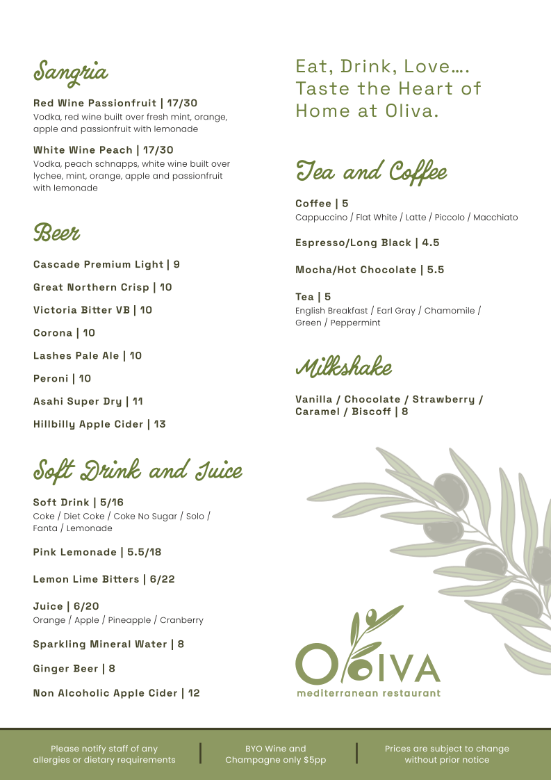 Menu, Oliva Mediterranean Restaurant