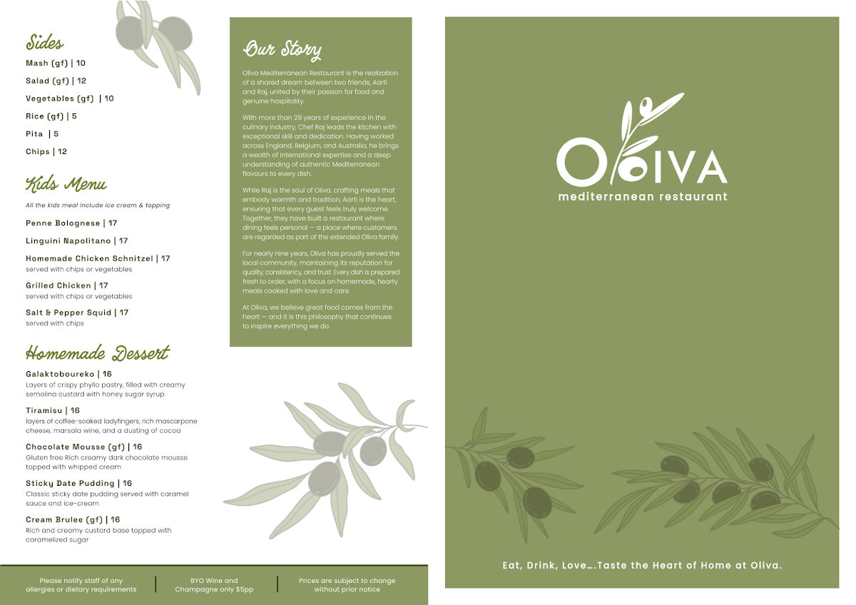 Menu, Oliva Mediterranean Restaurant