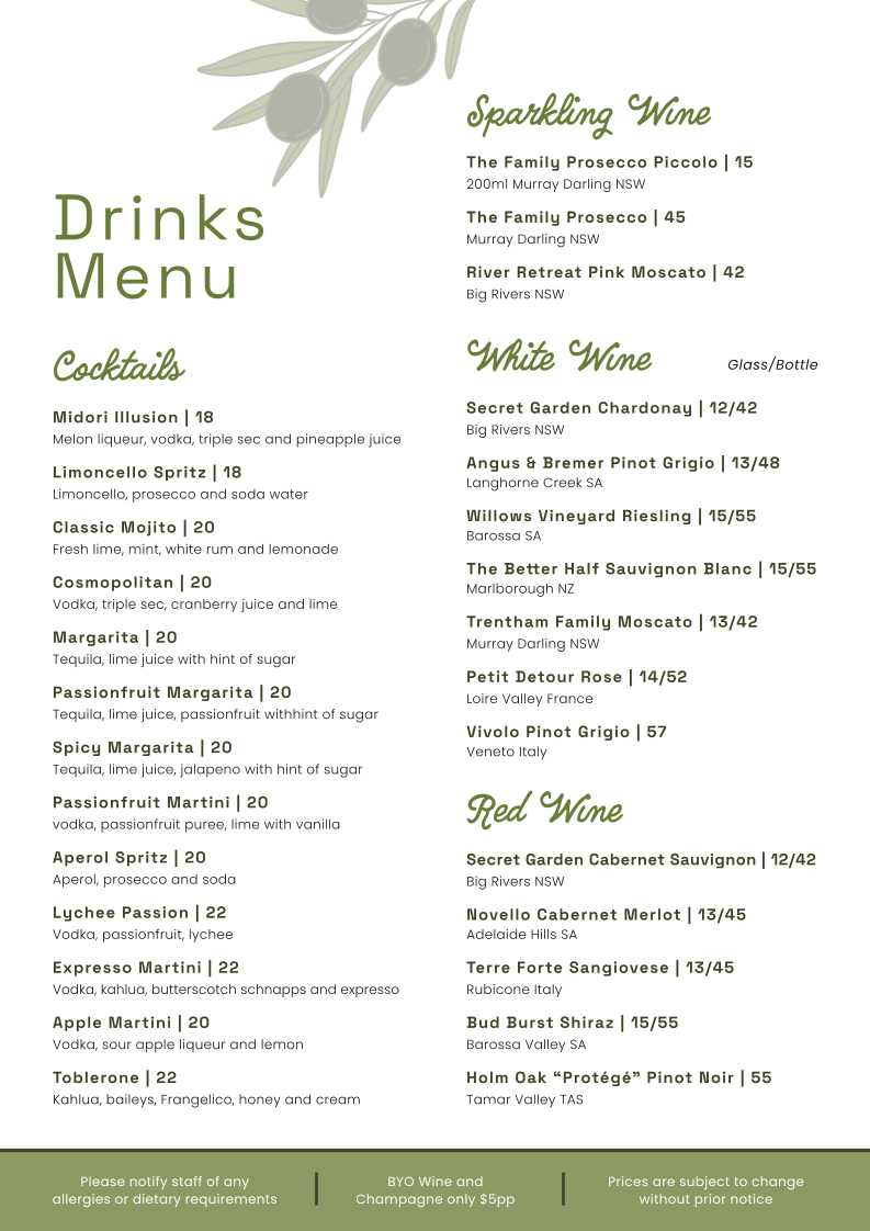 Menu, Oliva Mediterranean Restaurant