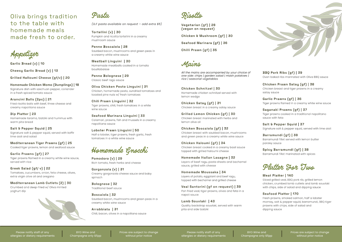 Menu, Oliva Mediterranean Restaurant