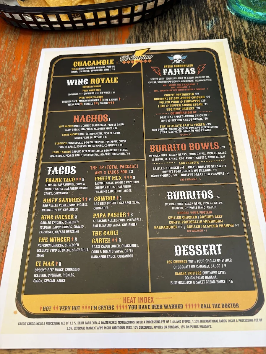 Menu, El Camino Cantina Chermside