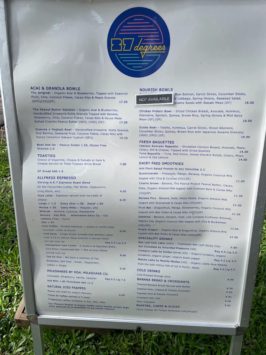 Menu, 27 Degrees Palm Cove
