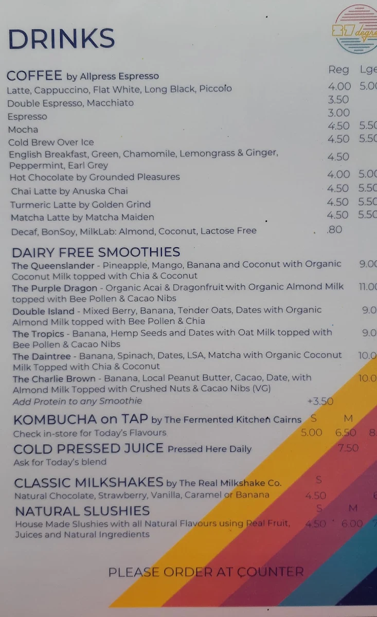 Menu, 27 Degrees Palm Cove