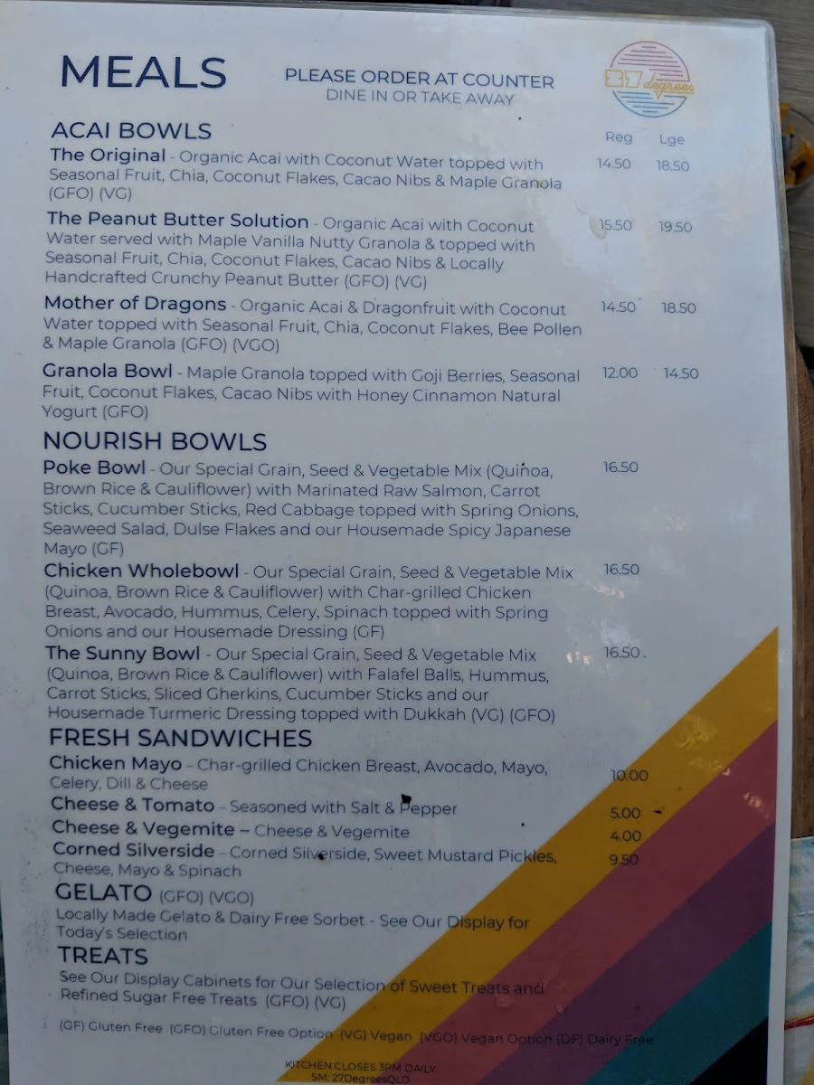 Menu, 27 Degrees Palm Cove