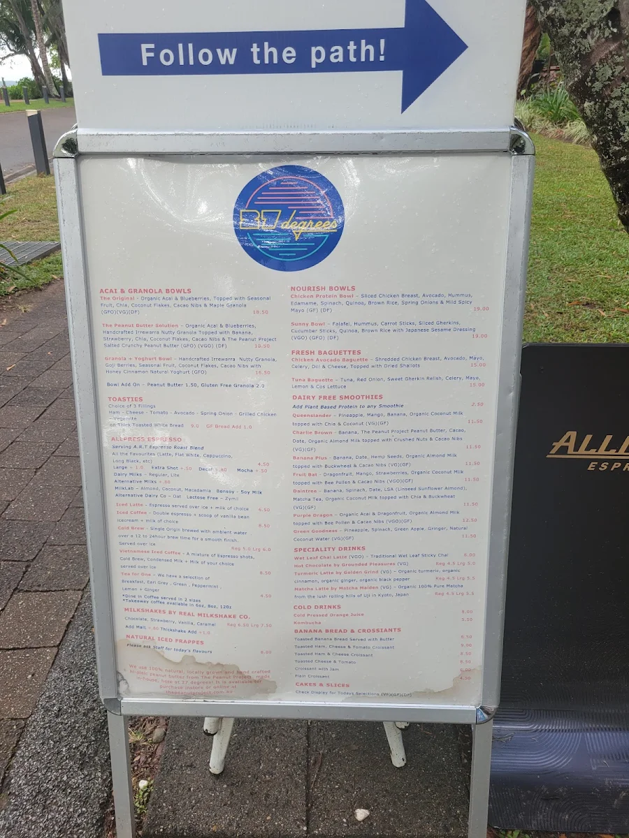 Menu, 27 Degrees Palm Cove