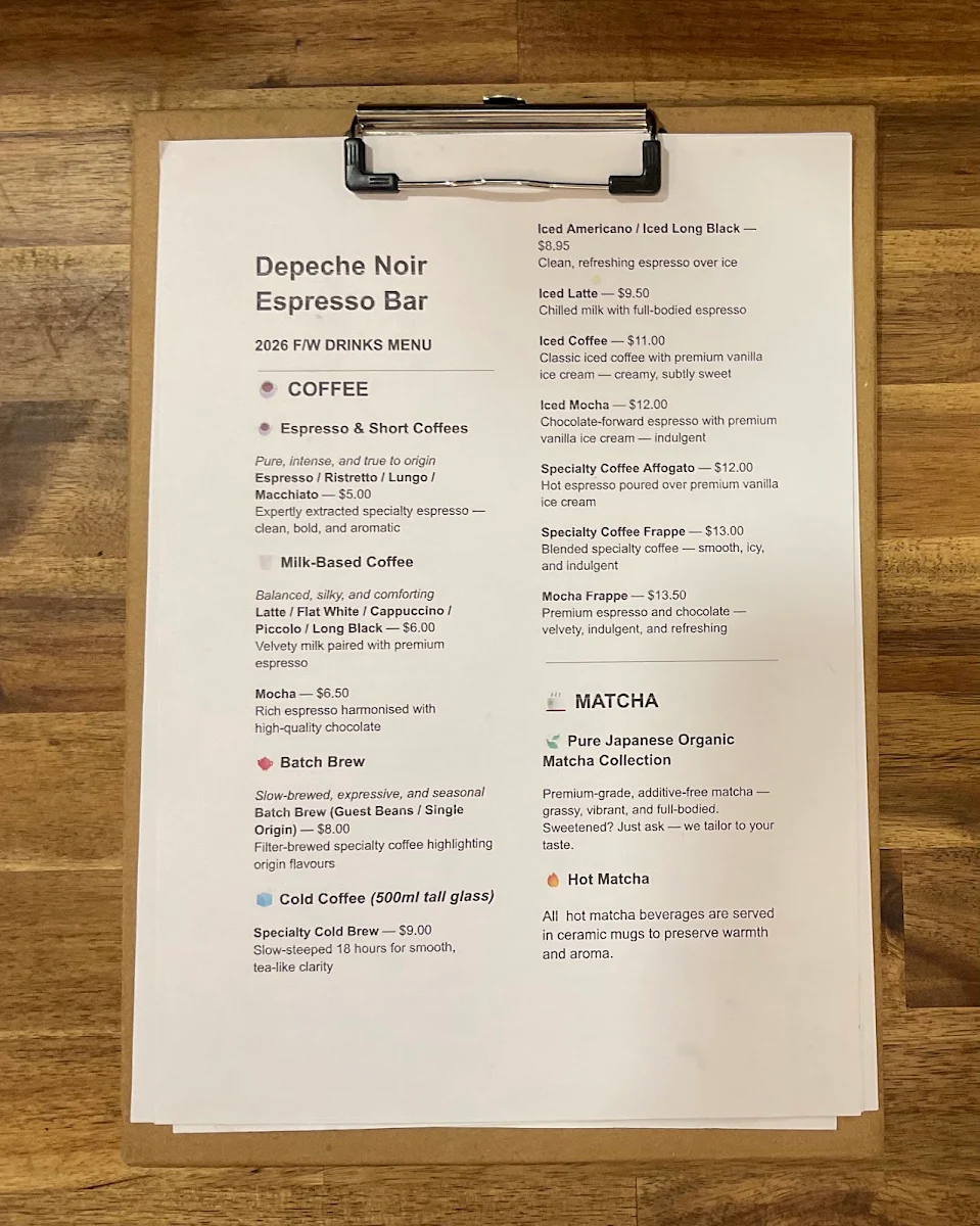 Menu, Depeche Noir Espresso Bar