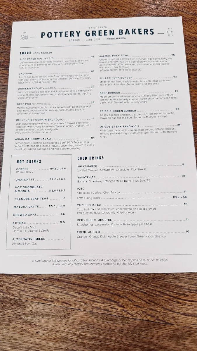 Menu, Pottery Green Bakers Turramurra