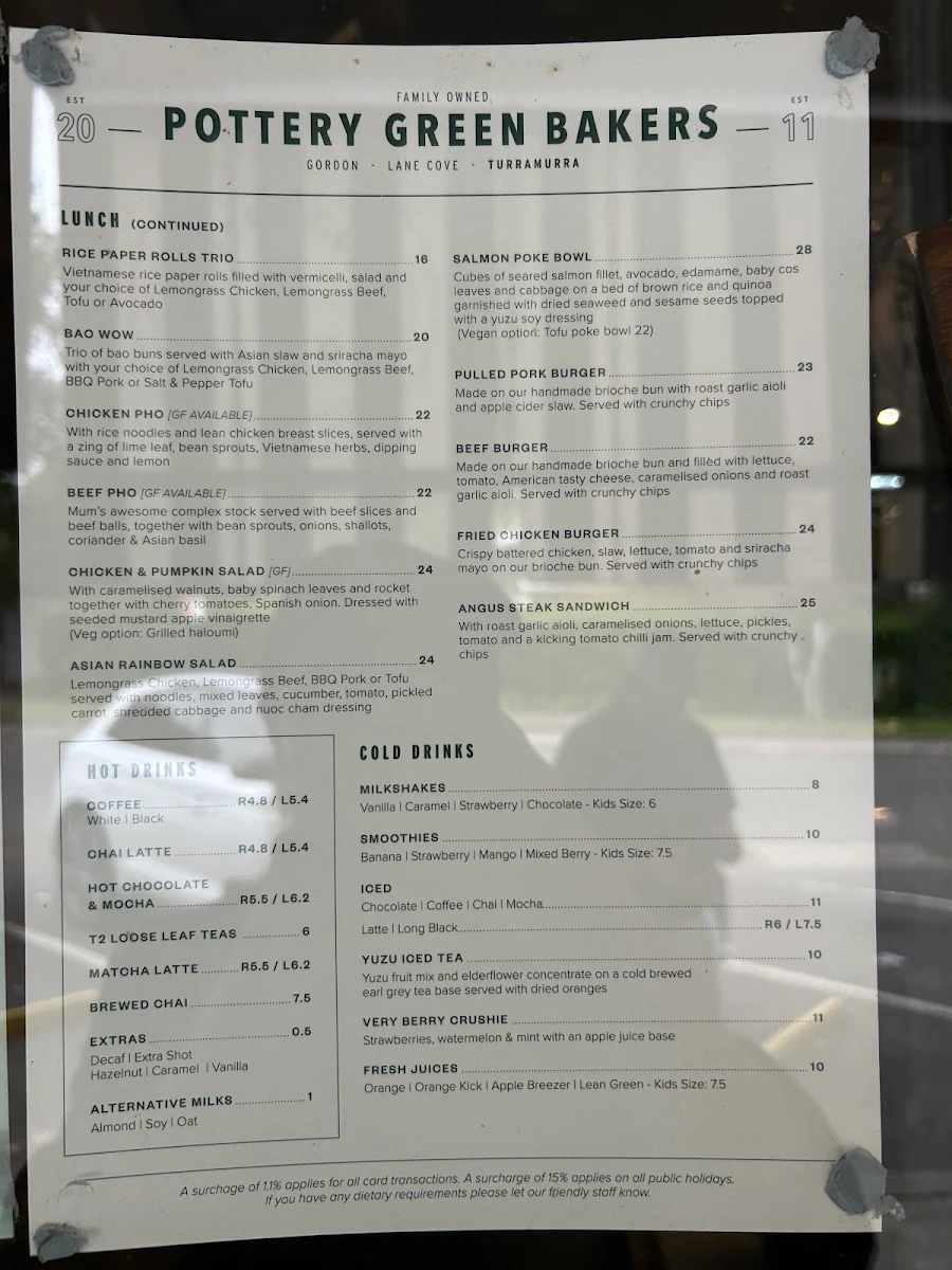 Menu, Pottery Green Bakers Turramurra