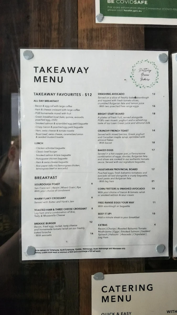 Menu, Pottery Green Bakers Turramurra