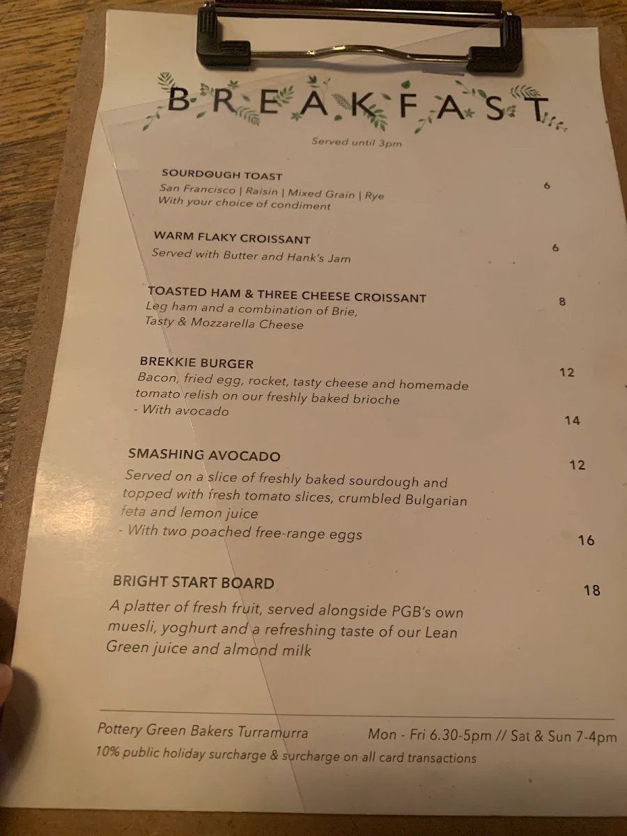 Menu, Pottery Green Bakers Turramurra