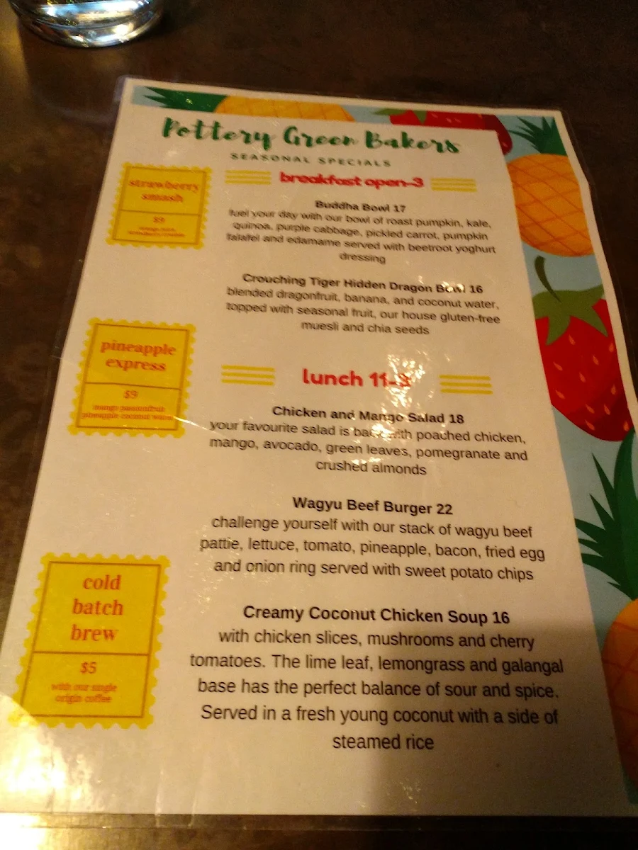 Menu, Pottery Green Bakers Turramurra