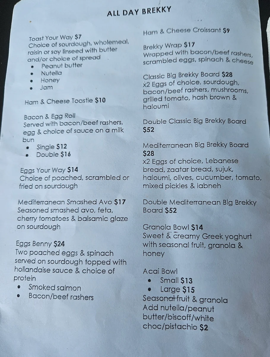 Menu, Zahari Coffee Bar