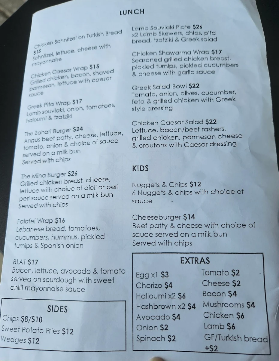 Menu, Zahari Coffee Bar