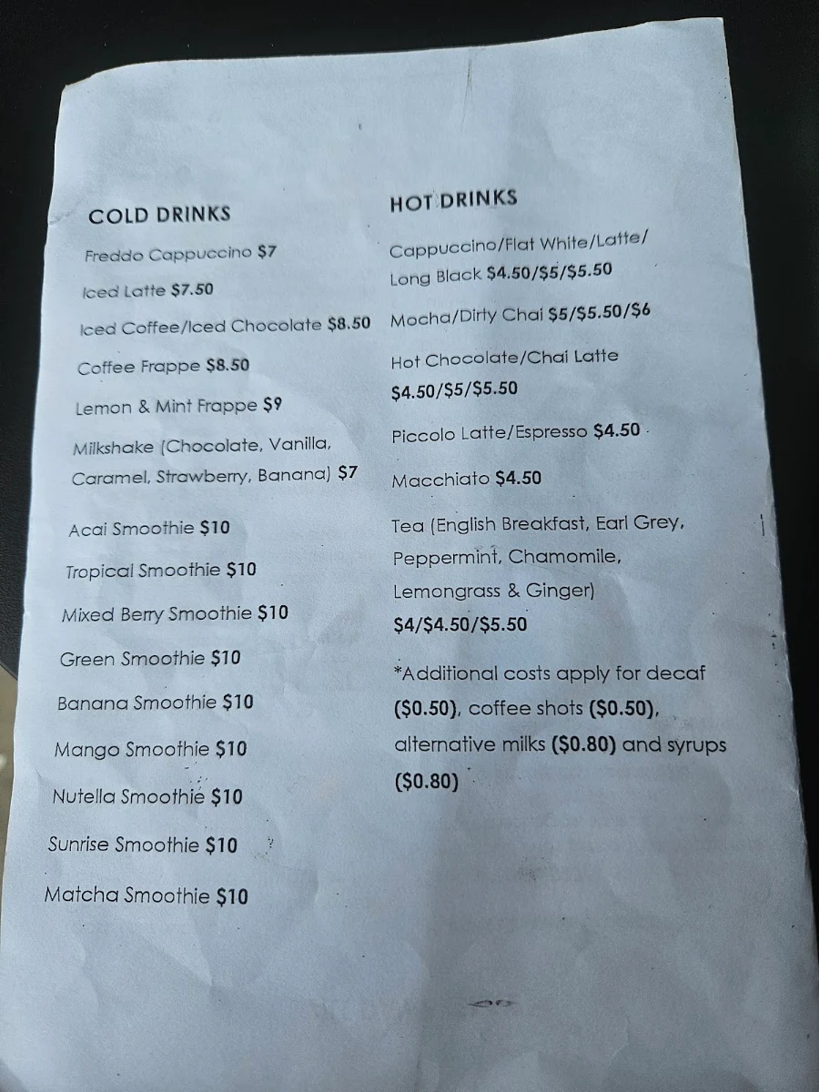 Menu, Zahari Coffee Bar