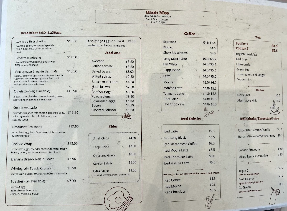 Menu, Banh Mee Cafe