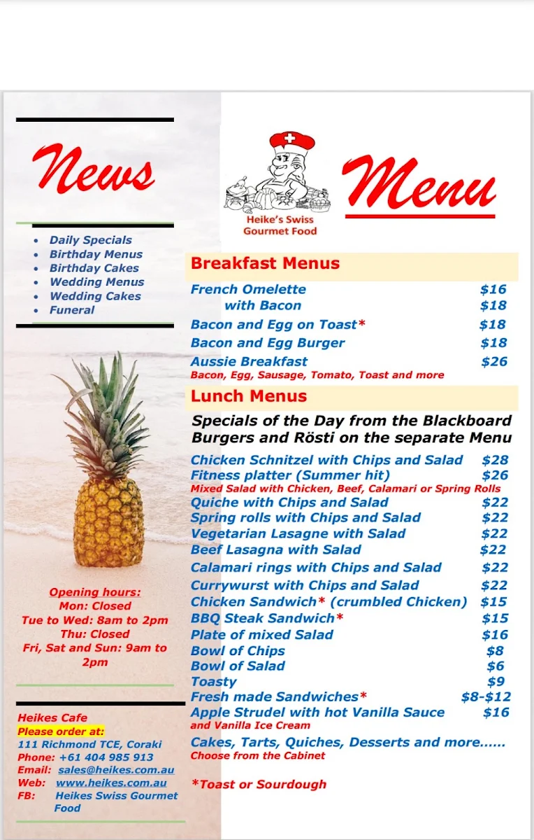 Menu, Heike's Cafe